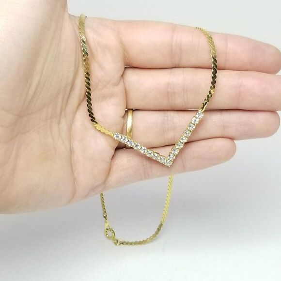 Vintage V Shape Rhinestone and Gold Tone Chain Necklace, Minimal Sparkle, Estate - Picture 2 of 6